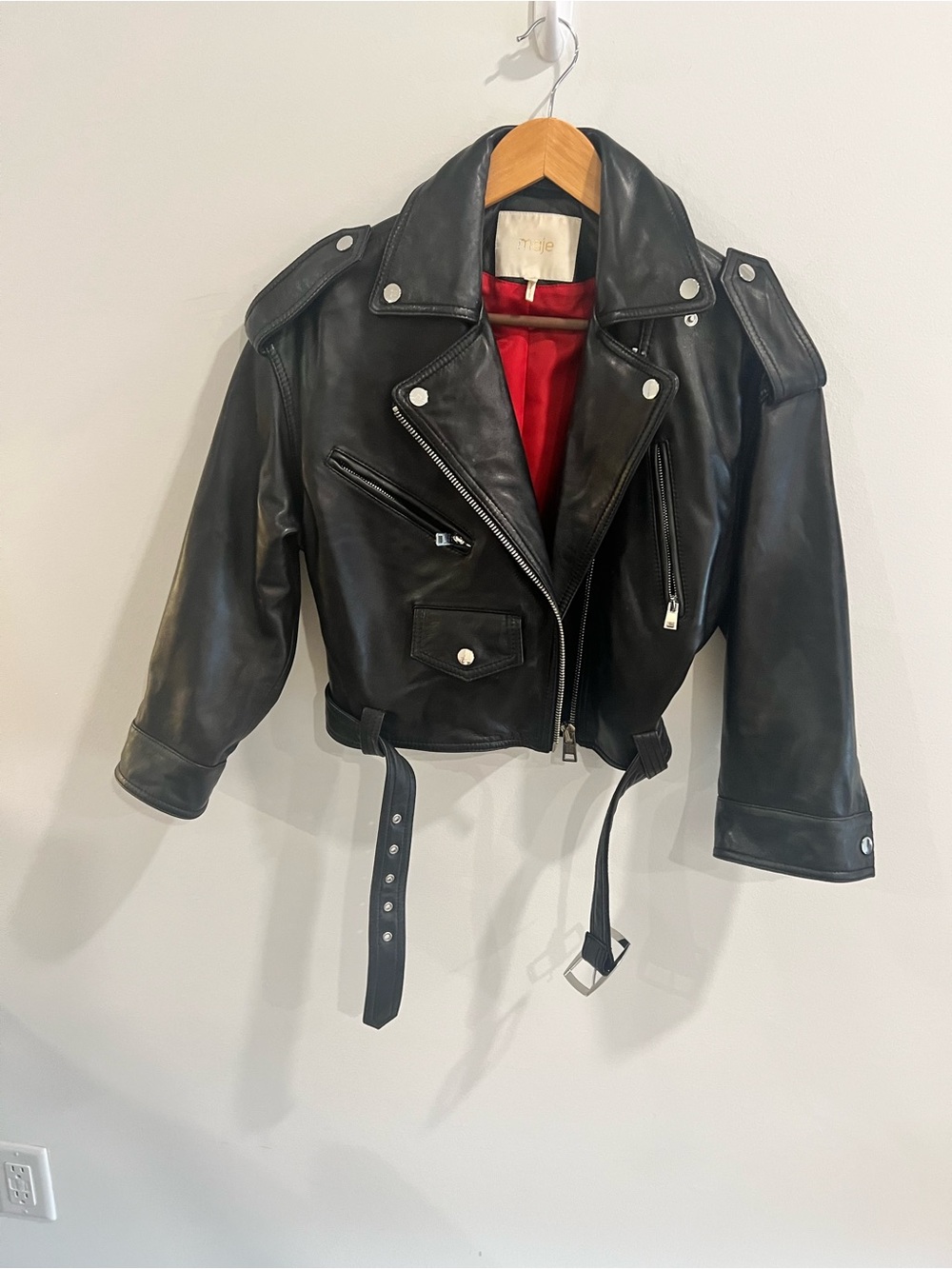 Maje Black Leather Biker Jacket with Red Lining size 38 - Picture 7 of 12
